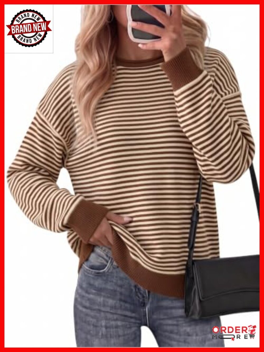 Oversized Striped Knit Pullover Sweater Crewneck Drop Shoulder Tunic
